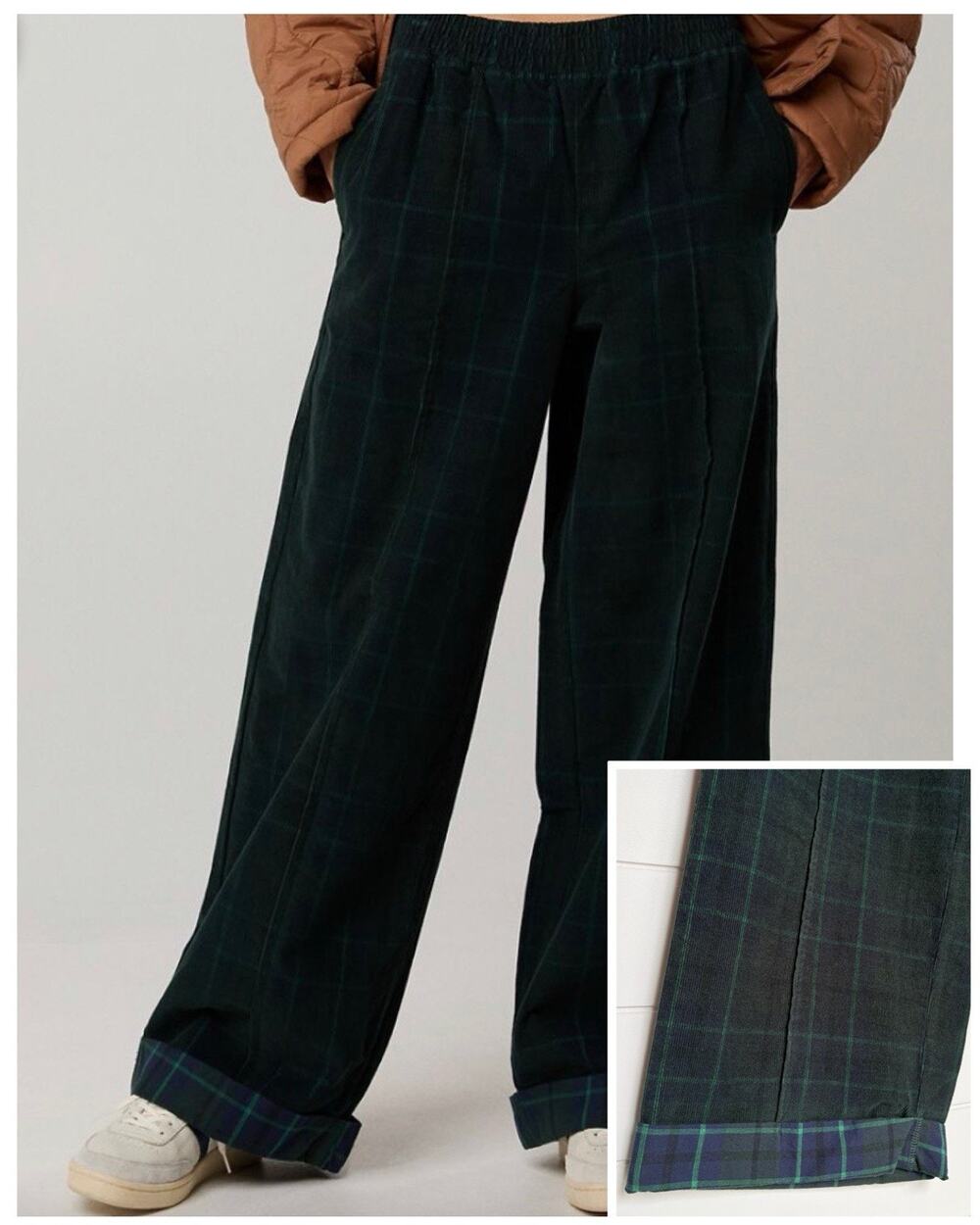 Offline Aerie Plaid Corduroy Wide Leg Trouser Pants XS Cotton Pull On Navy Green